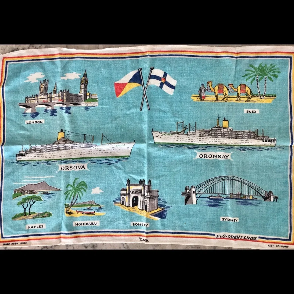 Vintage ULSTER Pacific Orient Ship Boat Ocean Liner Travel 60s Irish Linen Towel